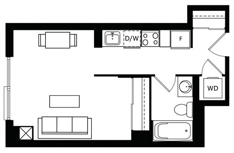 Floor plan for studio, 1 bath, 398 sqft